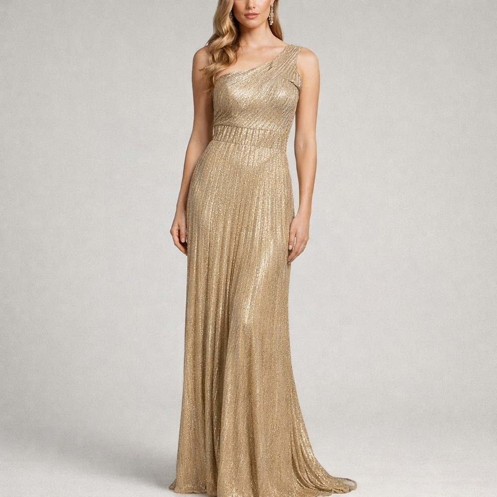 VA VA VOOM Gold Metallic One Shoulder Formal Gown Maxi Large Dress -2850